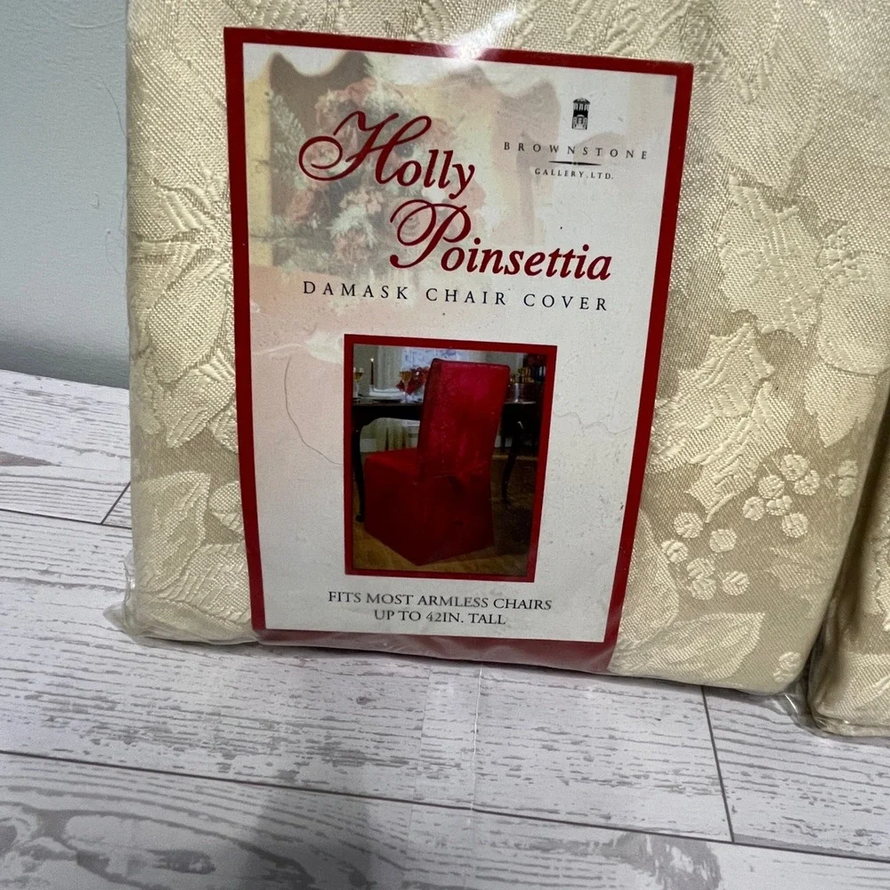 Brownstone Gallery Holly Poinsettia Damask Chair Covers Set of 2 Ivory Cream NEW